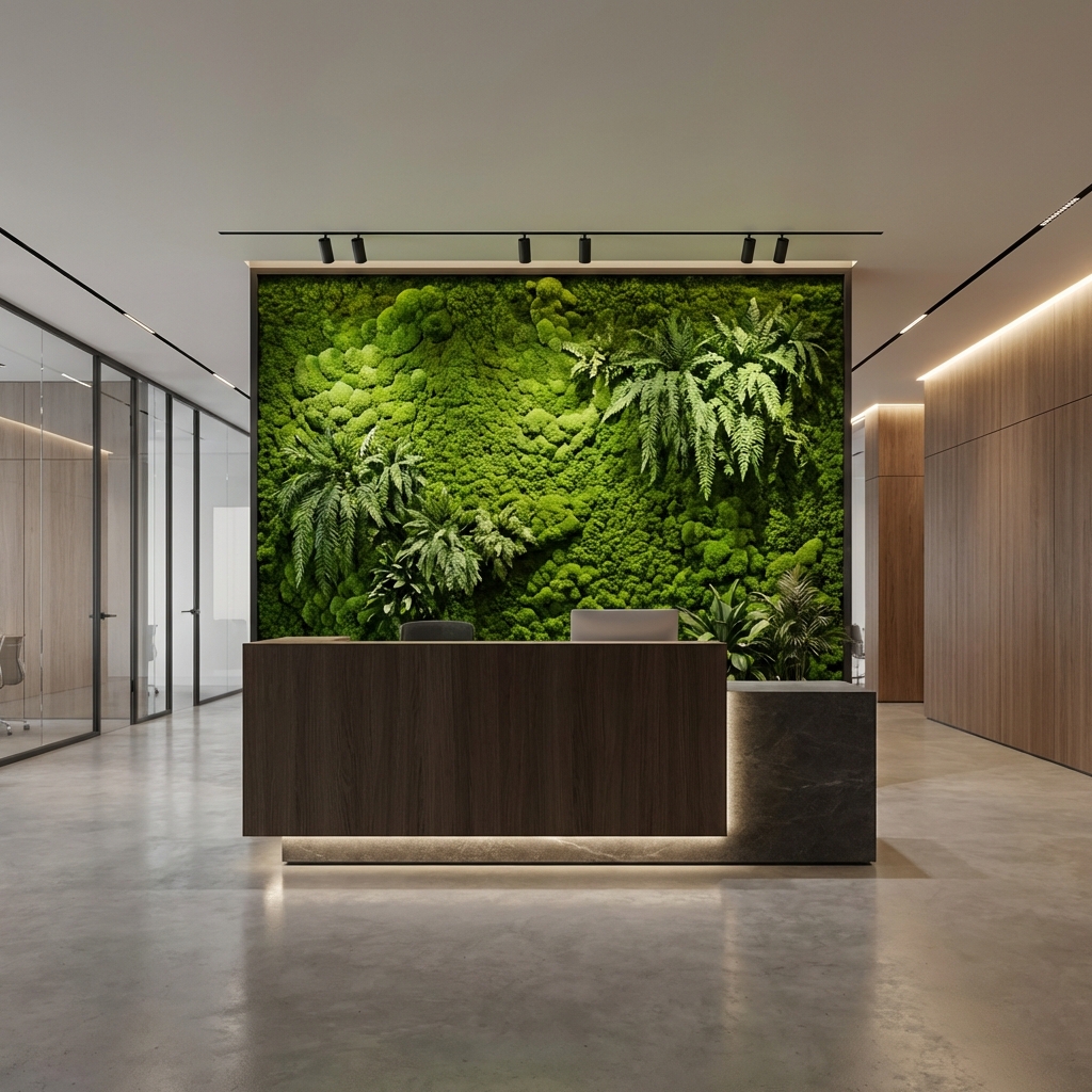Green wall in office lobby