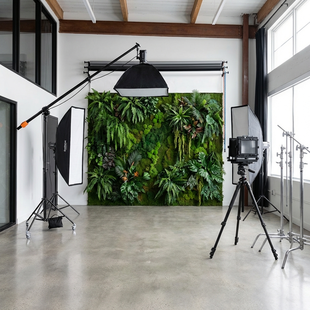 Photo studio with greenery wall